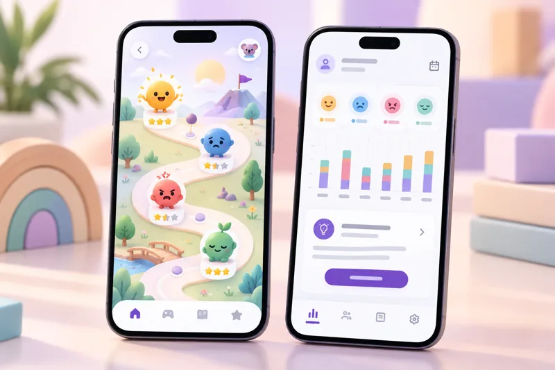 Concept visualization of two phones: a playful emotions map for kids and a parent view with weekly moods