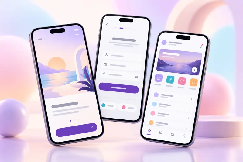 Three phones showing the screens of a new mobile app in pastel tones