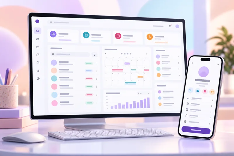 Desktop monitor and phone showing a pastel web app dashboard