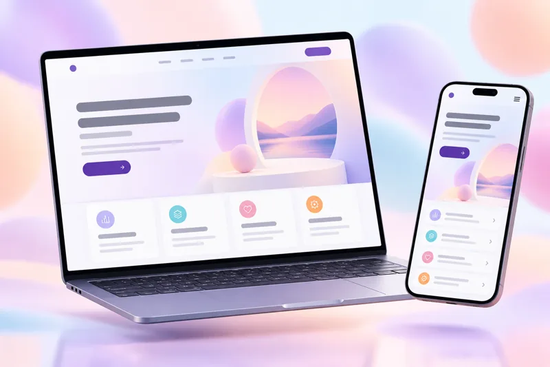 Laptop and phone showing a modern business website in soft pastel colors