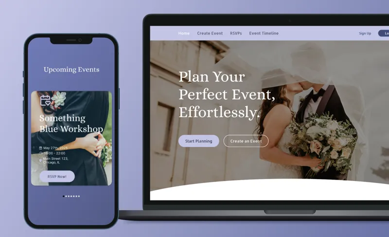 EventFlow event planning screens on mobile and desktop