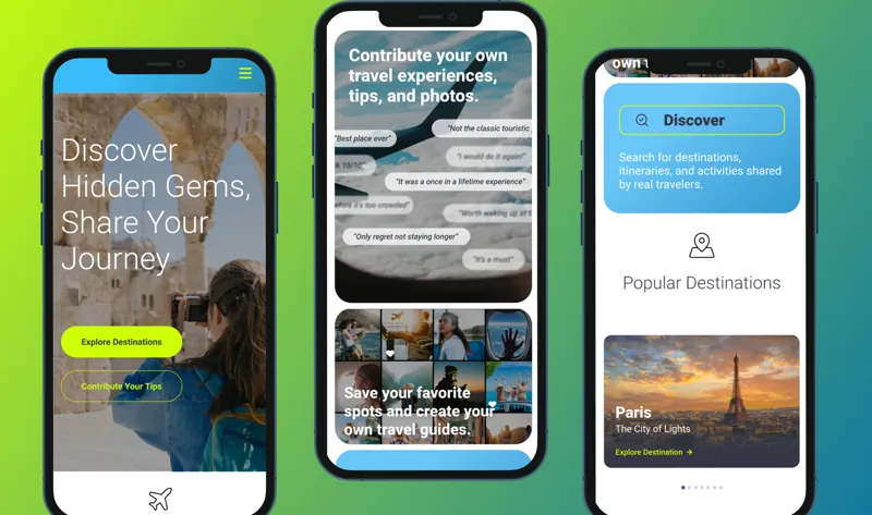 ExploreTogether mobile screens for discovering and sharing travel destinations